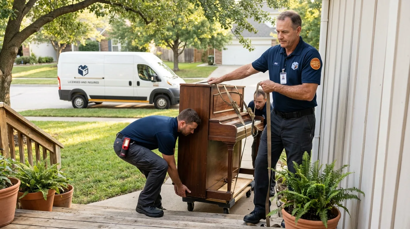 Licensed piano movers securing grand piano in Encino, CA