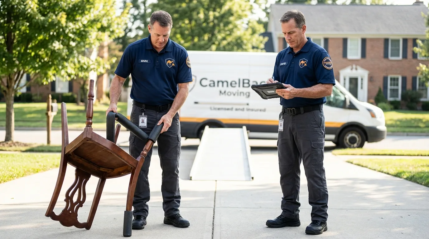Movers inspecting furniture for damage prevention before loading in Encino, CA