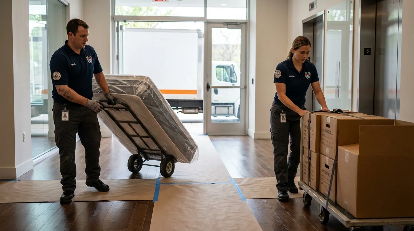 Professional apartment movers loading elevator in Encino, CA